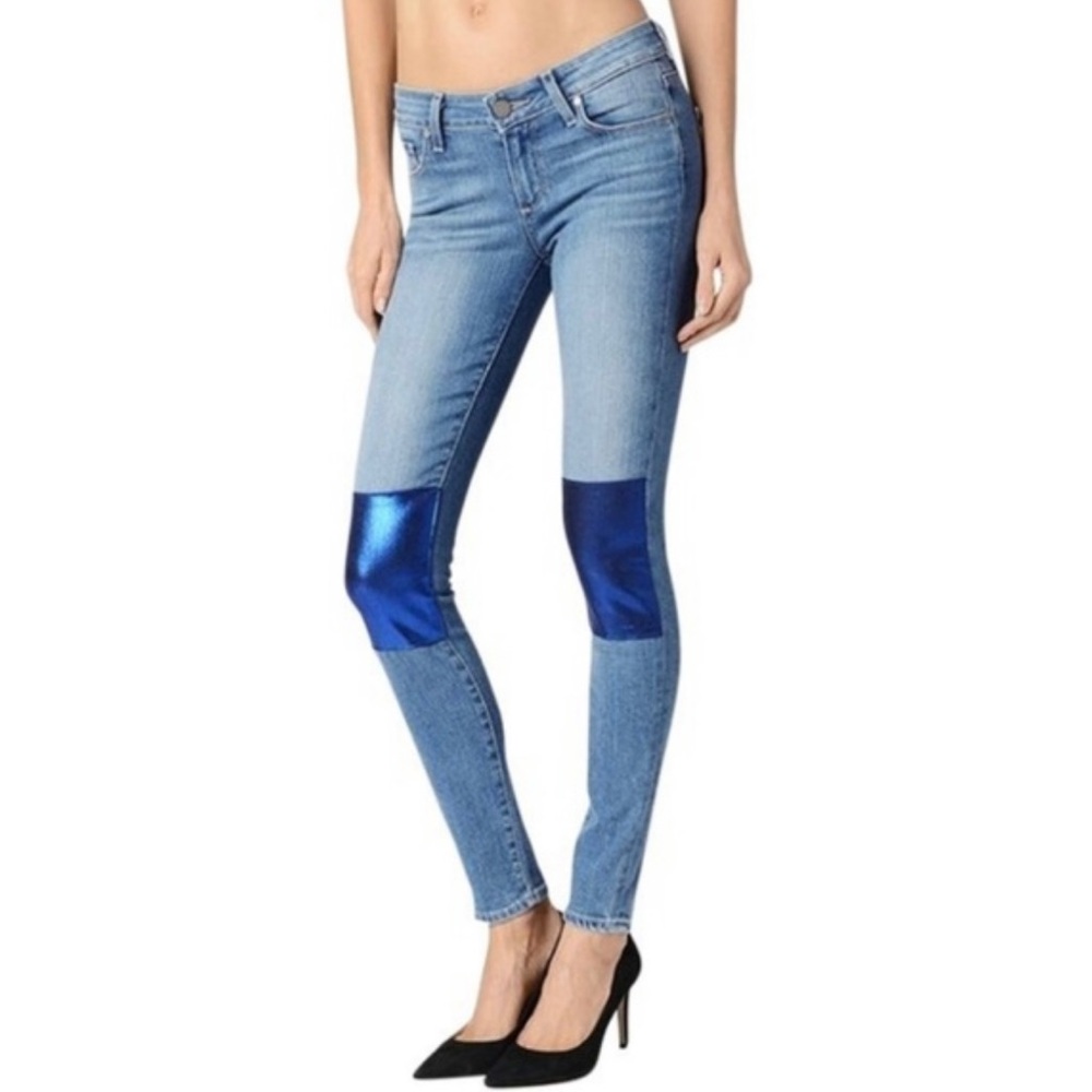 ❗️CLEAROUT❗️ NWT! PAIGE Blue Metallic Knee Patches VERDUGO ULTRA SKINNY JEANS 24